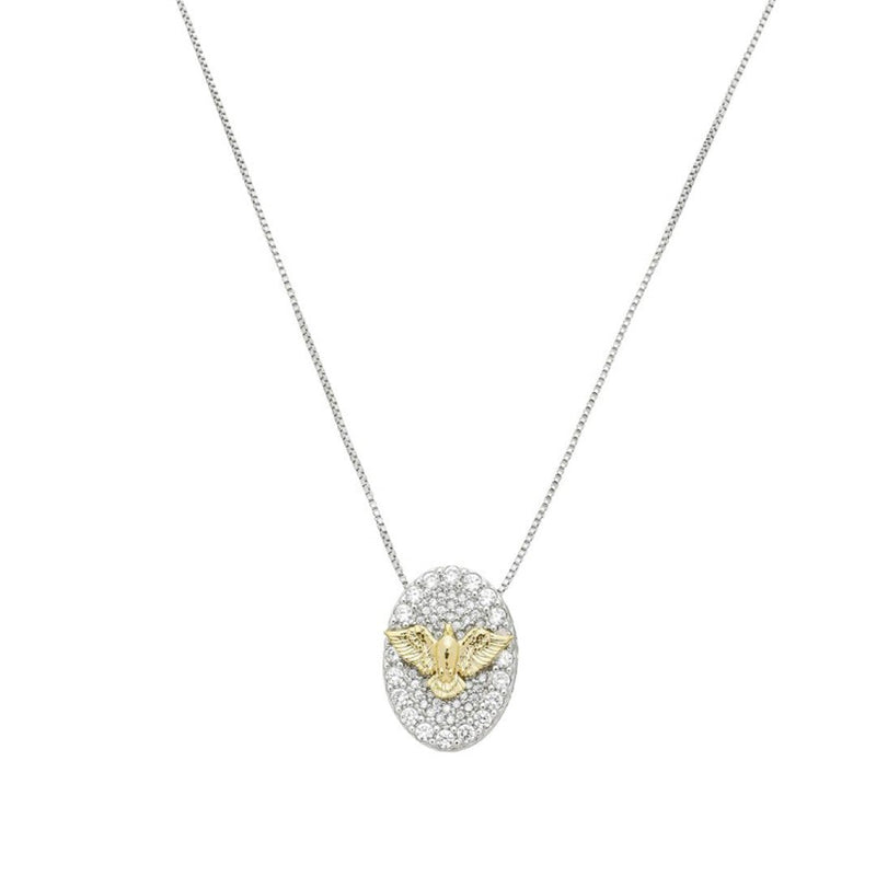 Colar Medalha Espírito Santo Zircônias Folheado em Ródio Branco e Folheado a Ouro 18k - Piuka