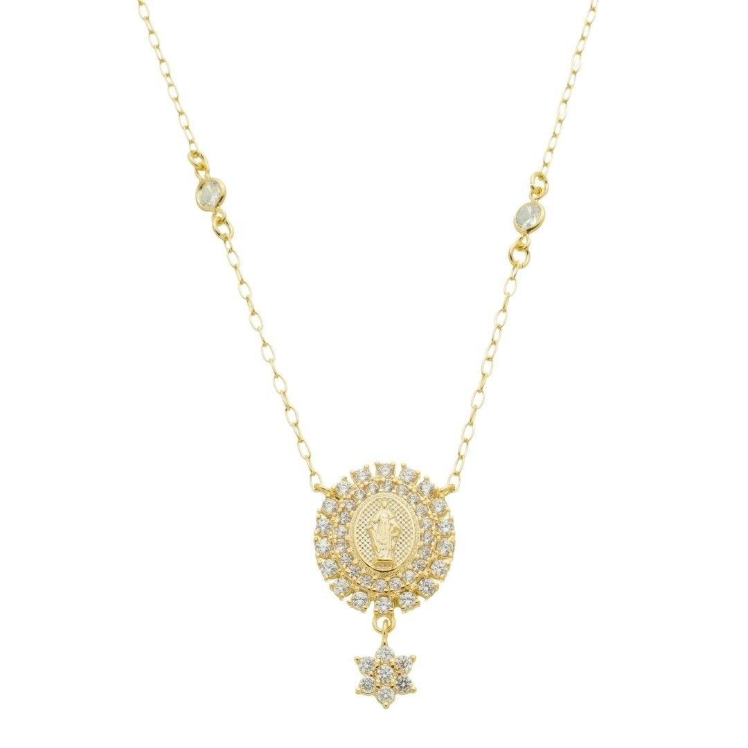 Colar Medalha Nossa Senhora das Graças Zircônias Folheado a Ouro 18k - Piuka