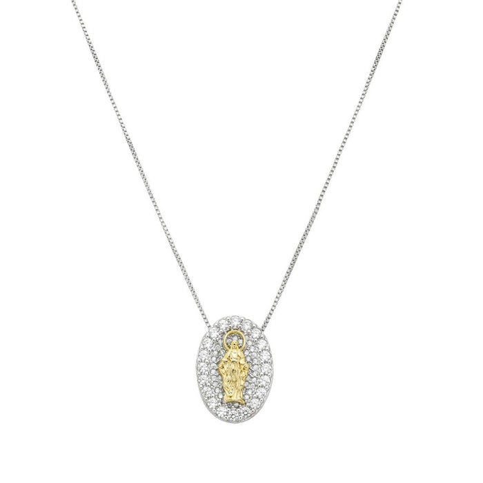 Colar Medalha Nossa Senhora das Graças Zircônias Folheado em Ródio Branco e Folheado a Ouro 18k
