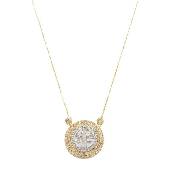 Colar Medalha São Bento Zircônias Folheado a Ouro 18k