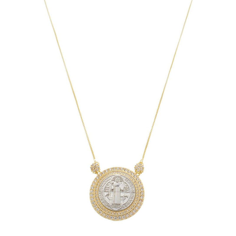 Colar Medalha São Bento Zircônias Folheado a Ouro 18k - Piuka