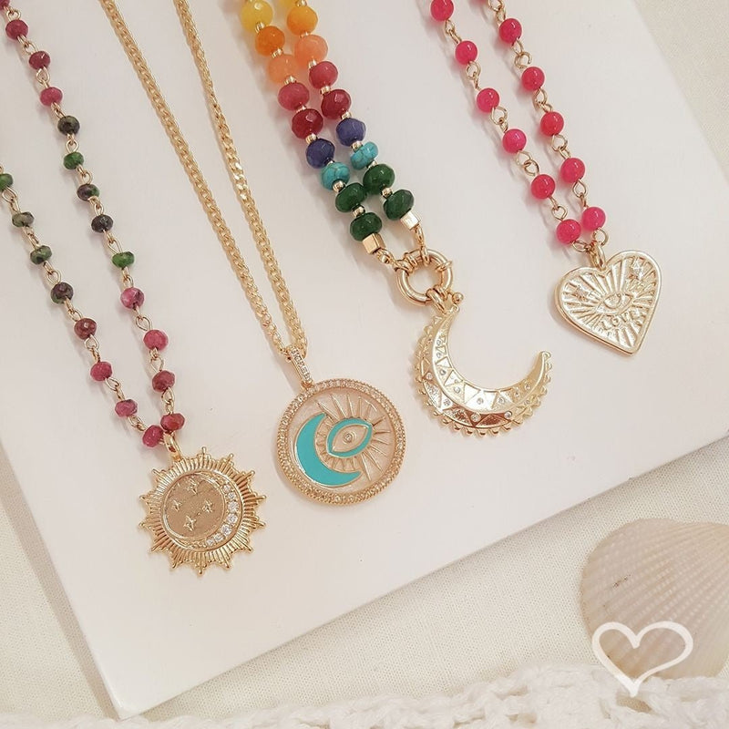 Colar Mia Lua Pérolas de Água Doce Pedras Naturais Multicoloridas Folheado a Ouro 18k - Piuka