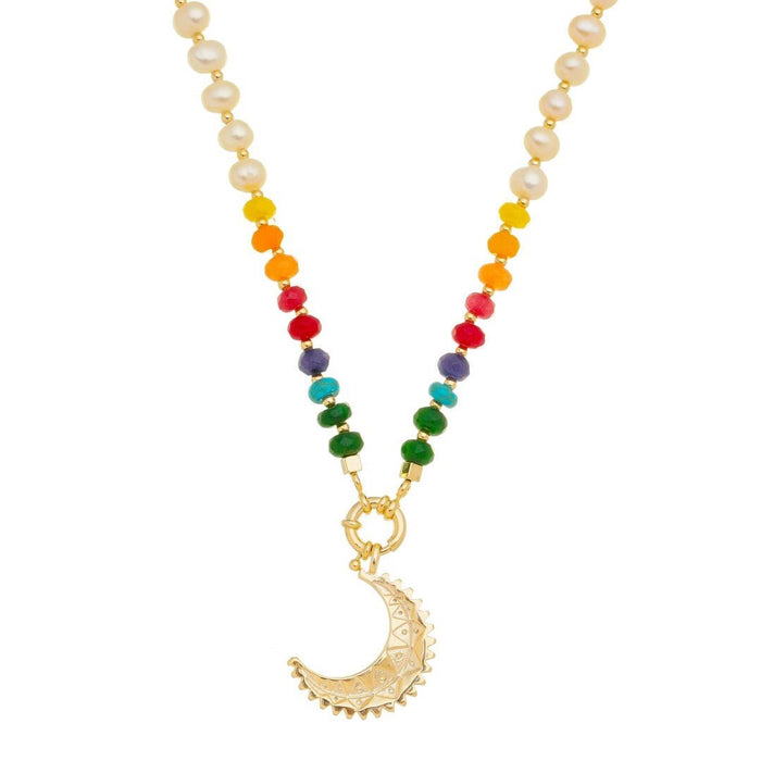 Colar Mia Lua Pérolas de Água Doce Pedras Naturais Multicoloridas Folheado a Ouro 18k