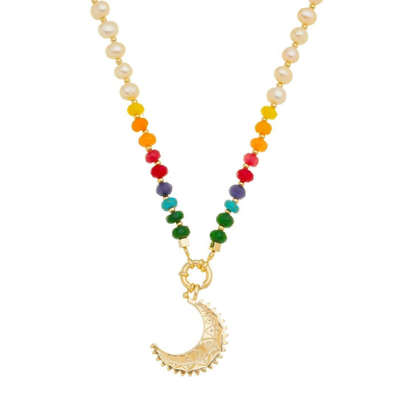 Colar Mia Lua Pérolas de Água Doce Pedras Naturais Multicoloridas Folheado a Ouro 18k - Piuka