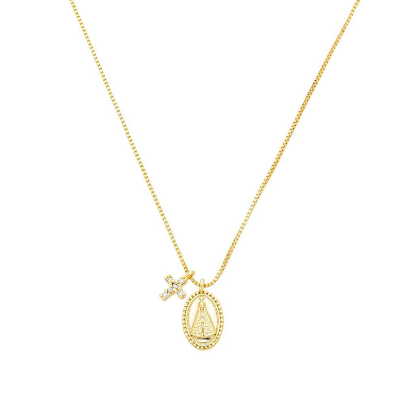 Colar Mini Medalha Nossa Senhora Aparecida Mini Cruz Zircônias Folheado a Ouro 18k - Piuka