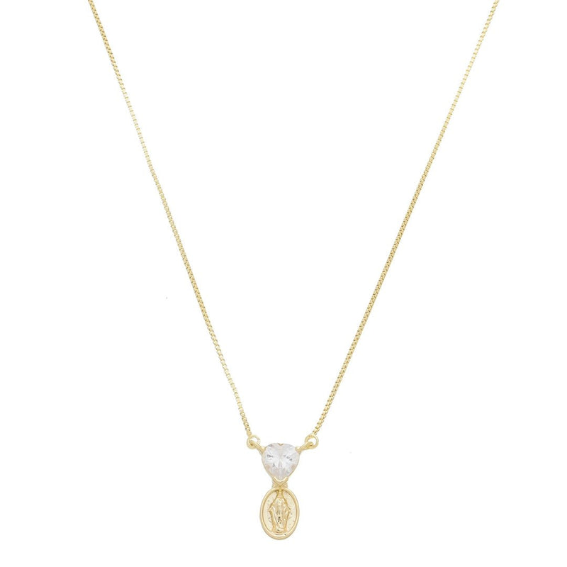 Colar Mini Medalha Nossa Senhora das Graças Coração Zircônia Folheado a Ouro 18k - Piuka