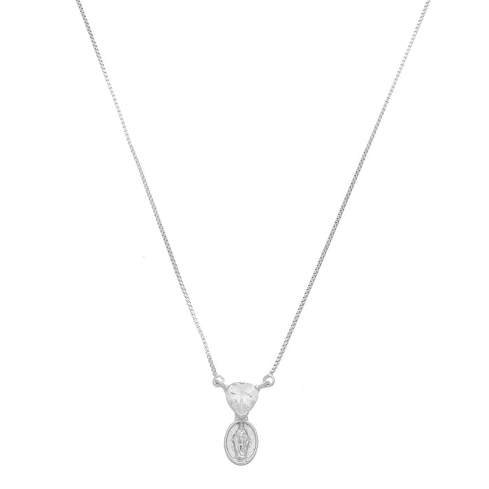 Colar Mini Medalha Nossa Senhora das Graças Coração Zircônia Folheado em Ródio Branco