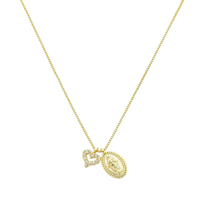 Colar Mini Medalha Nossa Senhora das Graças Mini Coração Zircônias Folheado a Ouro 18k