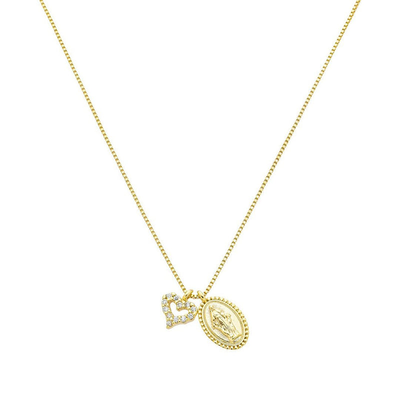 Colar Mini Medalha Nossa Senhora das Graças Mini Coração Zircônias Folheado a Ouro 18k - Piuka