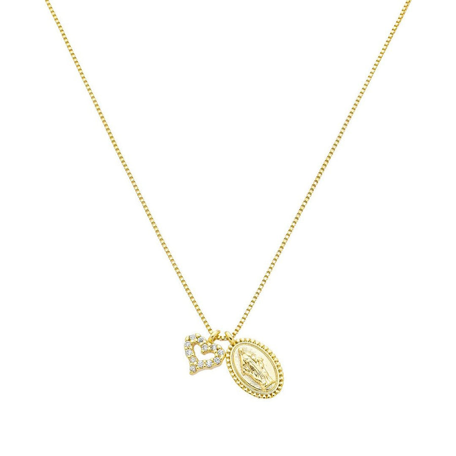 Colar Mini Medalha Nossa Senhora das Graças Mini Coração Zircônias Folheado a Ouro 18k - Piuka
