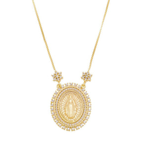 Colar Nossa Senhora das Graças Medalha Oval Zircônias Folheado a Ouro 18k - Piuka