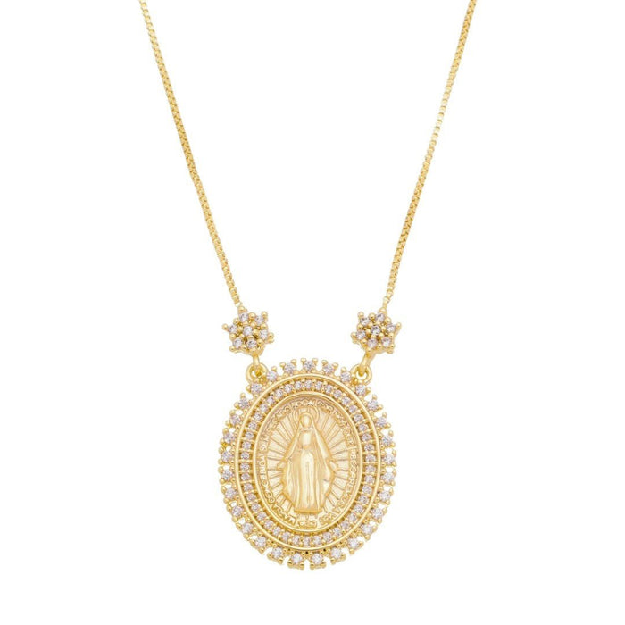 Colar Nossa Senhora das Graças Medalha Oval Zircônias Folheado a Ouro 18k