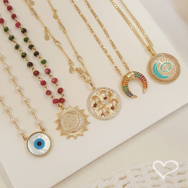 Colar Piuka Luna Chifre Italiano Zircônias Coloridas Folheado a Ouro 18k - Piuka