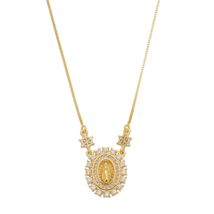 Colar Piuka Medalha Oval Pequena Nossa Senhora das Graças Zircônias Folheado a Ouro 18k