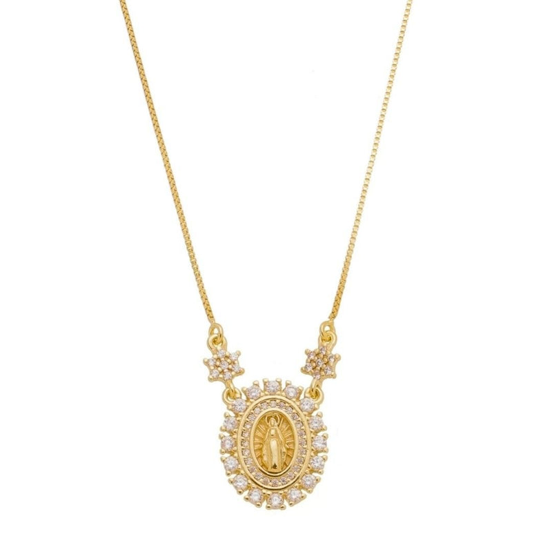 Colar Piuka Medalha Oval Pequena Nossa Senhora das Graças Zircônias Folheado a Ouro 18k - Piuka