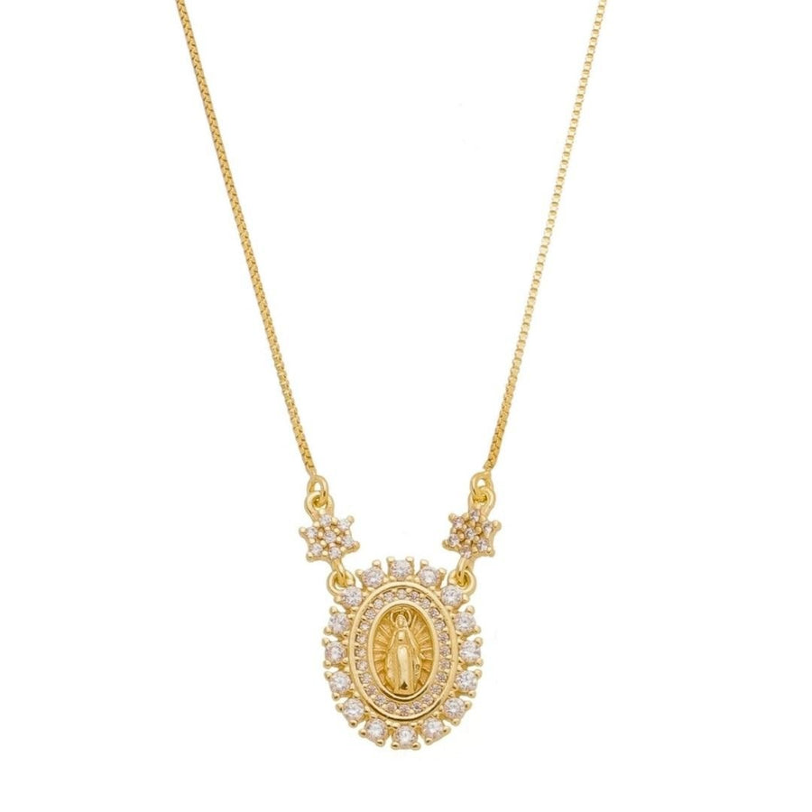 Colar Piuka Medalha Oval Pequena Nossa Senhora das Graças Zircônias Folheado a Ouro 18k - Piuka