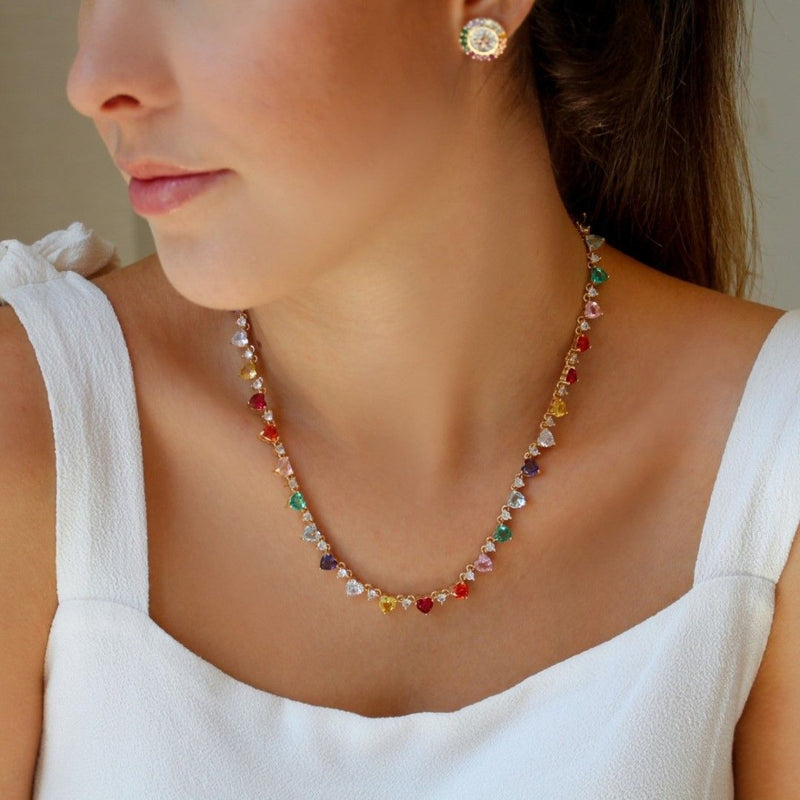 Colar Riviera Helena Coração Zircônias Coloridas Folheado a Ouro 18k - Piuka
