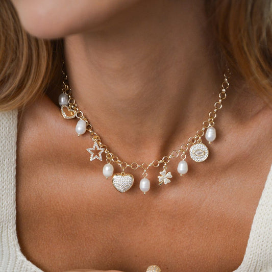Colar Vitória Pérola Coração Estrela Trevo Olho Grego Zircônia Folheado a Ouro 18k - Piuka