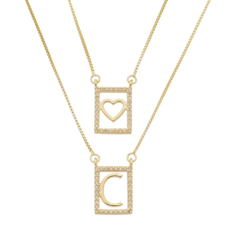 Escapulário Letra Inicial Coração Zircônias Folheado a Ouro 18k - Piuka
