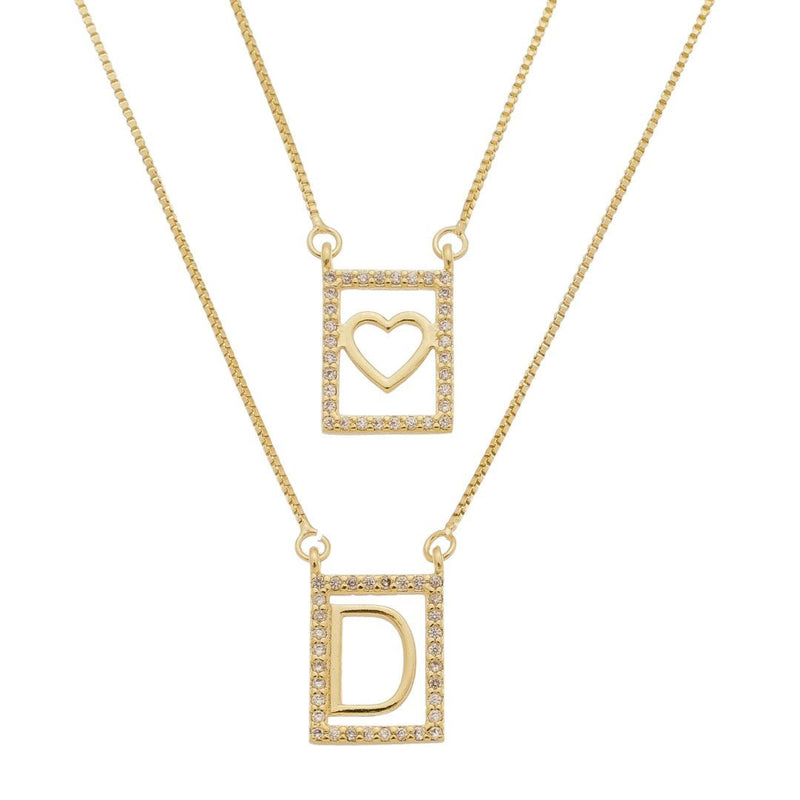 Escapulário Letra Inicial Coração Zircônias Folheado a Ouro 18k - Piuka