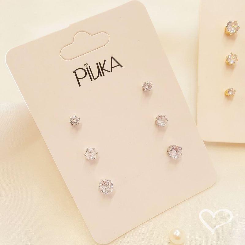 Kit 3 Brincos June Pontos de Luz Zircônia Folheado em Ródio Branco - Piuka
