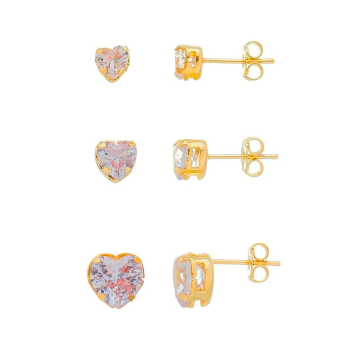Kit 3 Brincos Piuka Lulu Corações Zircônia Folheado a Ouro 18k