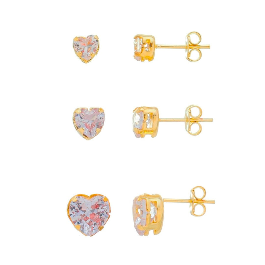 Kit 3 Brincos Piuka Lulu Corações Zircônia Folheado a Ouro 18k - Piuka