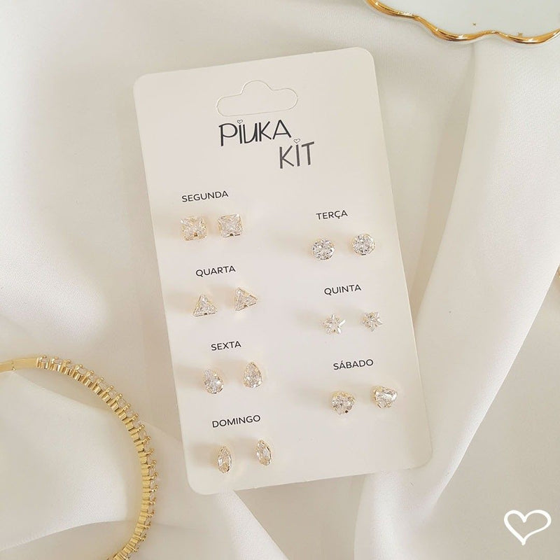Kit 7 Brincos Semaninha Aninha Zircônias Folheado a Ouro 18k - Piuka