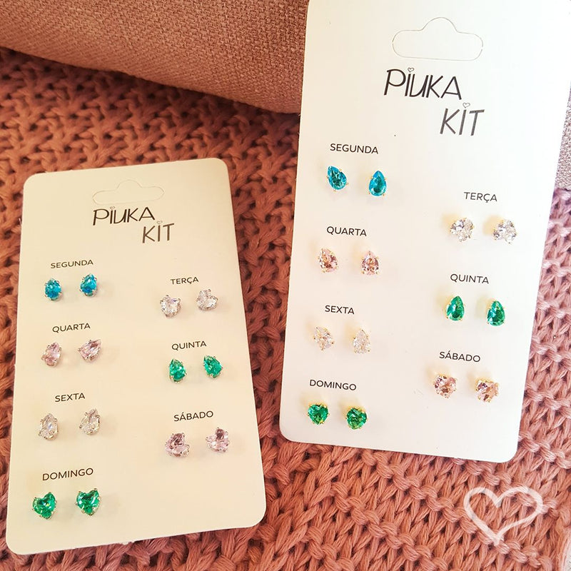 Kit 7 Brincos Semaninha Dri Zircônia Colorida Folheado em Ródio Branco - Piuka