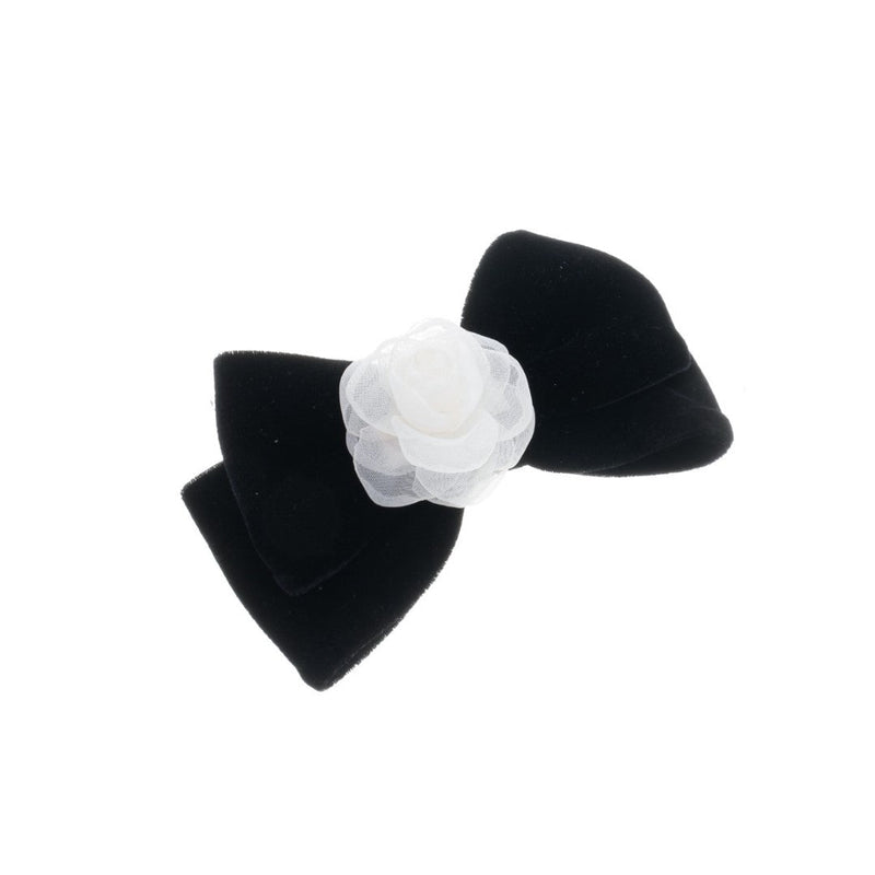 Laço de Cabelo Duplo Leticia Veludo Alemão Preto com Flor Removivel em Voal Off White - Piuka