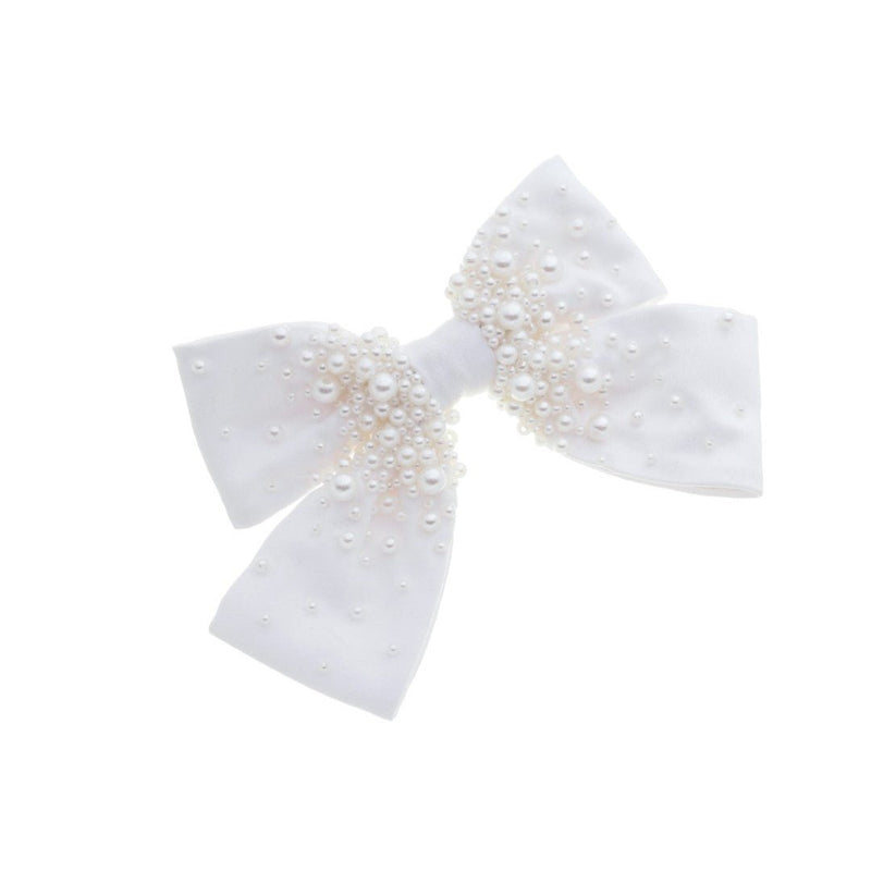 Laço de Cabelo Isadora Crepe Acetinado Branco Bordado de Pérolas - Piuka
