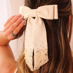 Laço de Cabelo Roberta Linho Off White Bordado de Pérolas - Piuka