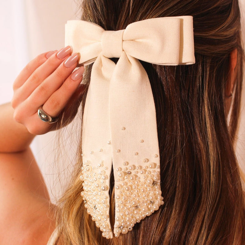 Laço de Cabelo Roberta Linho Off White Bordado de Pérolas - Piuka