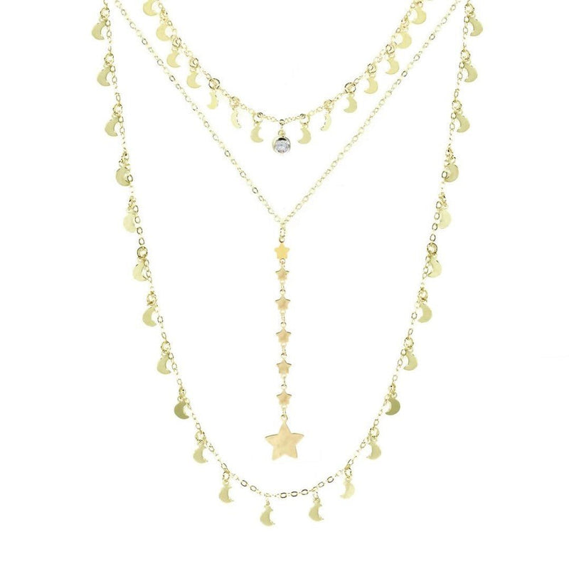 Mix 3 Colares Eclipse Lua e Estrelas Folheado a Ouro 18k Piuka - Piuka