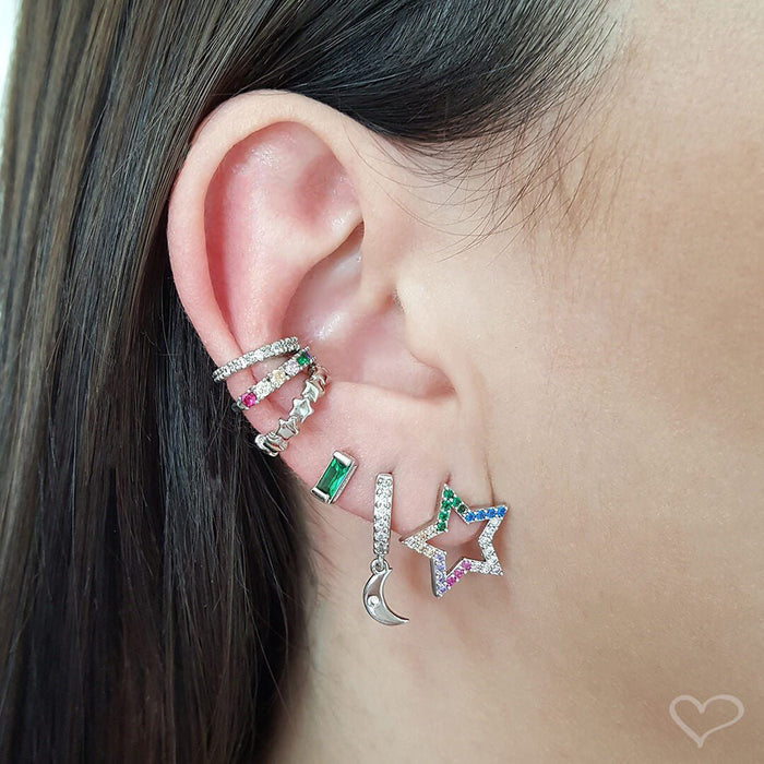 Piercing Piuka Pressão Lili Elos Estrelas Folheado Ródio Branco