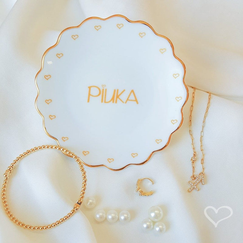 Pratinho Porta Joia do Dia Piuka Porcelana com Filete de Ouro - Piuka
