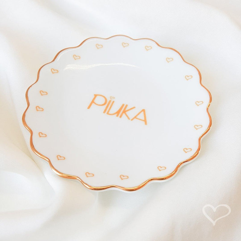 Pratinho Porta Joia do Dia Piuka Porcelana com Filete de Ouro - Piuka