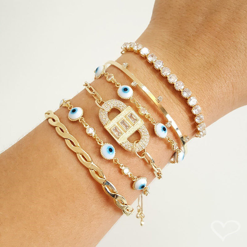 Pulseira Ajustável Folheada a Ouro 18k Riviera Chiara Zircônia Média Cristal - Piuka