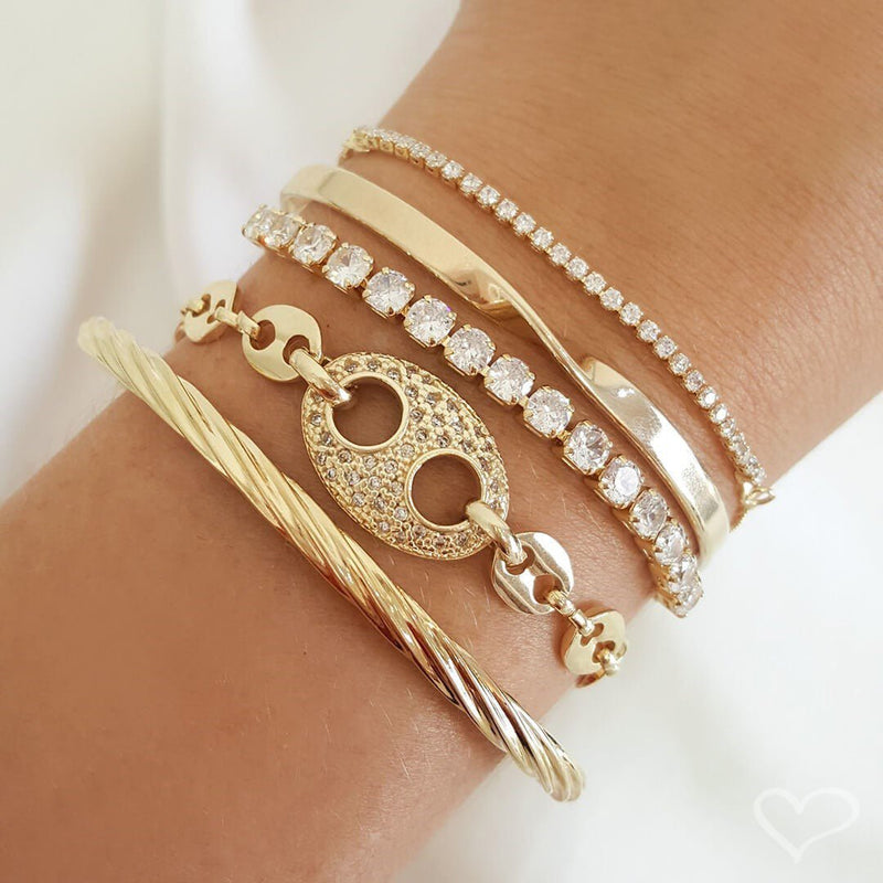 Pulseira Ajustável Folheada a Ouro 18k Riviera Chiara Zircônia Média Cristal - Piuka