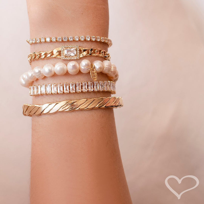 Pulseira Ajustável Folheada a Ouro 18k Taylor Média Zircônia Baguete Cristal - Piuka
