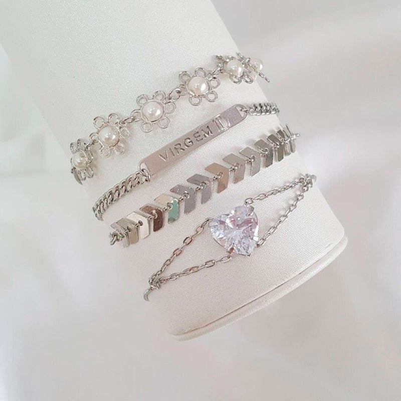 Pulseira Ajustável Folheada em Ródio Branco Coração Zircônias Cristal Breila - Piuka