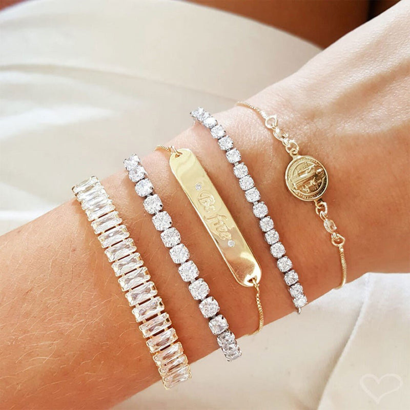 Pulseira Ajustável Folheada em Ródio Branco Riviera Chiara Zircônia Pequena Cristal - Piuka