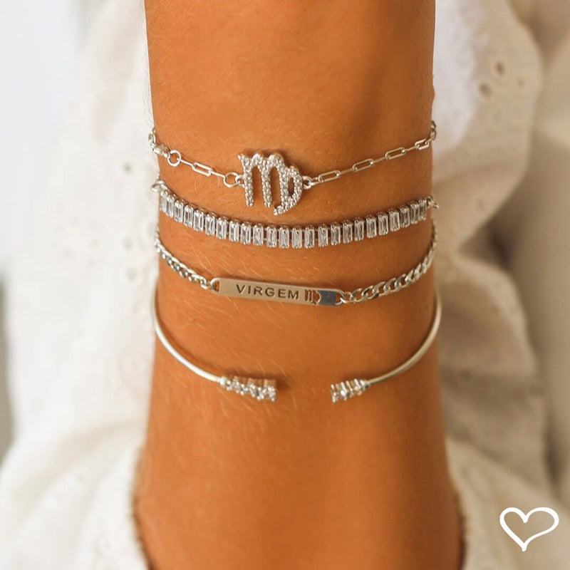 Pulseira Ajustável Folheada em Ródio Branco Taylor Pequena Zircônias Baguete Cristal - Piuka