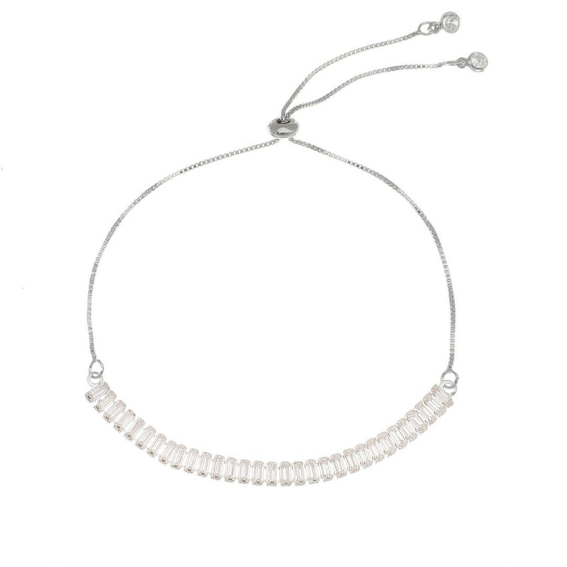 Pulseira Ajustável Folheada em Ródio Branco Taylor Pequena Zircônias Baguete Cristal - Piuka