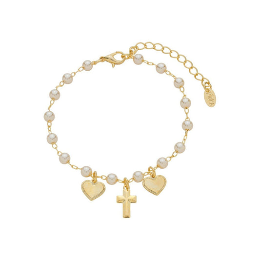 Pulseira Cruz Coração Pérolas Folheado a Ouro 18k - Piuka
