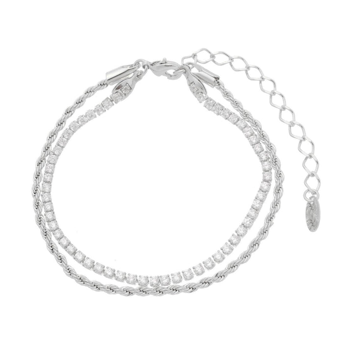 Pulseira Feminina Duas Voltas Cordão Baiano e Zircônias Folheada em Ródio Branco Meg
