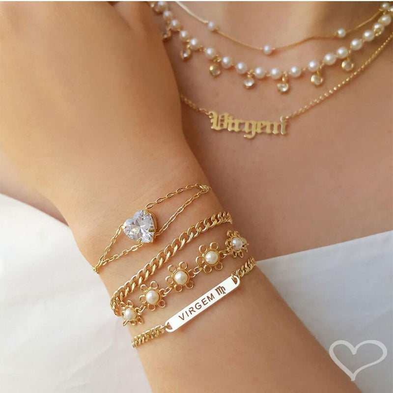Pulseira Folheada a Ouro 18k Ajustável Coração Zircônias Cristal Breila - Piuka