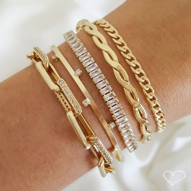 Pulseira Folheada a Ouro 18k Ajustável Pequena Zircônias Baguete Cristal Taylor - Piuka