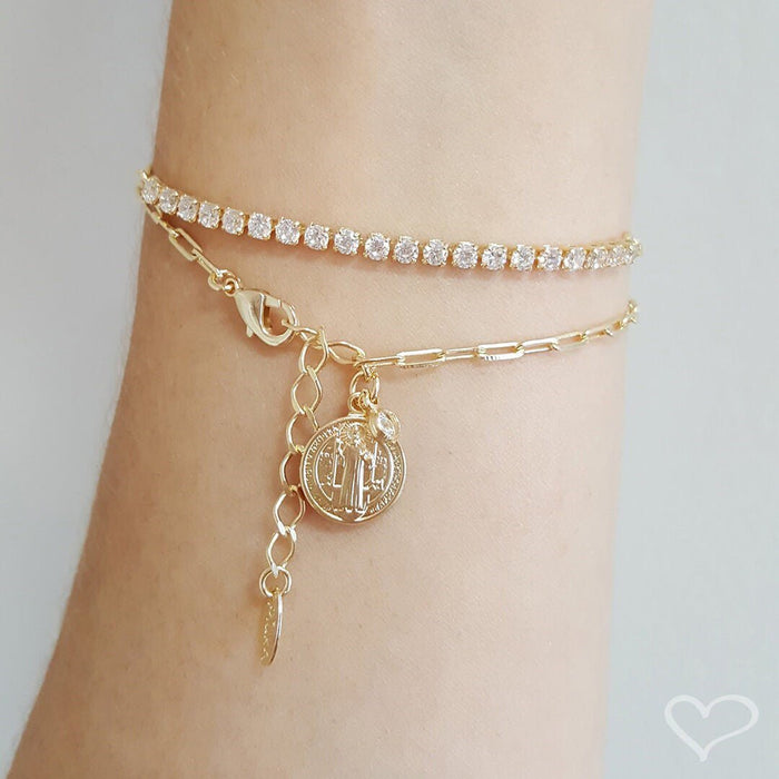 Pulseira Folheada a Ouro 18k Ajustável Riviera Chiara Mini Zircônias Cristal
