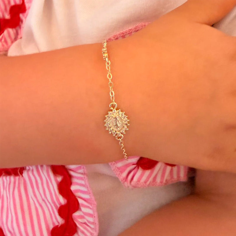 Pulseira Infantil Mini Medalha Nossa Senhora das Graças Zircônias Folheada a Ouro 18k - Piuka